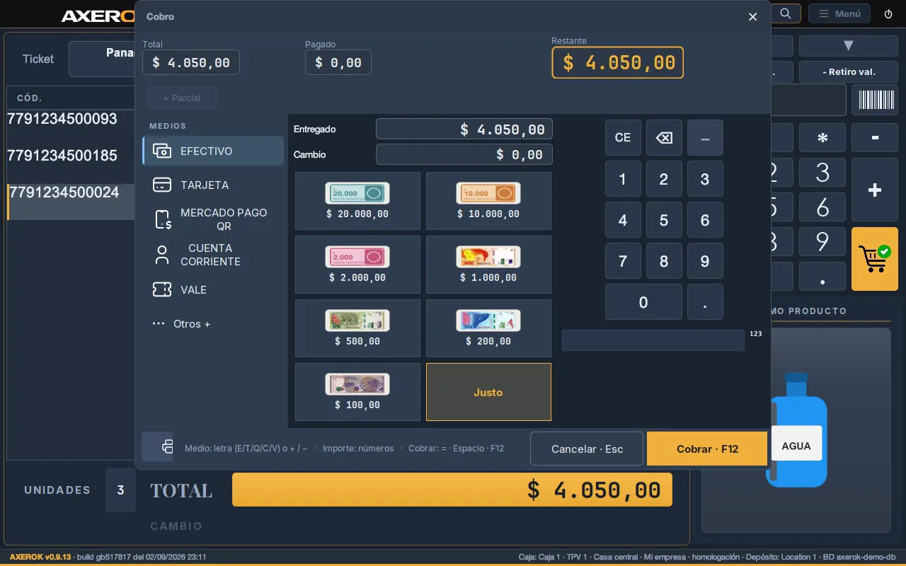 Cobro en efectivo con selección de billetes en AxerOK
