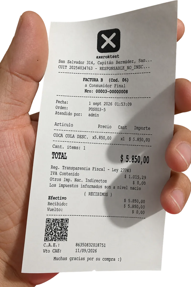 Ticket fiscal impreso por AxerOK: Factura B con CAE, código QR de ARCA e IVA contenido según Ley 27.743