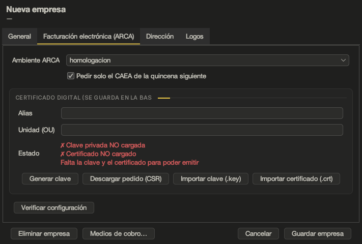 Ficha de empresa, solapa Facturación electrónica (ARCA)