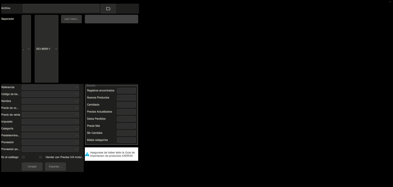 Pantalla de importación CSV de productos