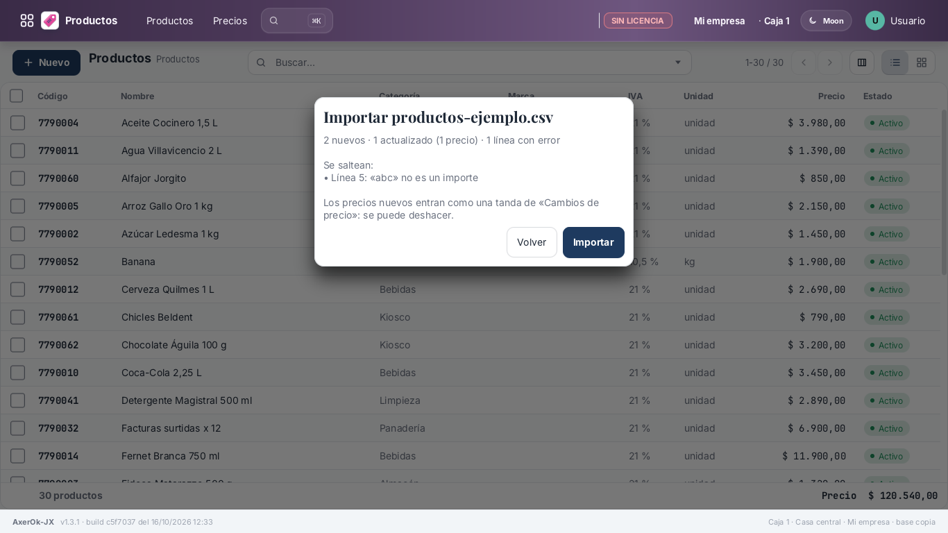 La prueba antes de importar: 2 nuevos, 1 actualizado y una línea con error