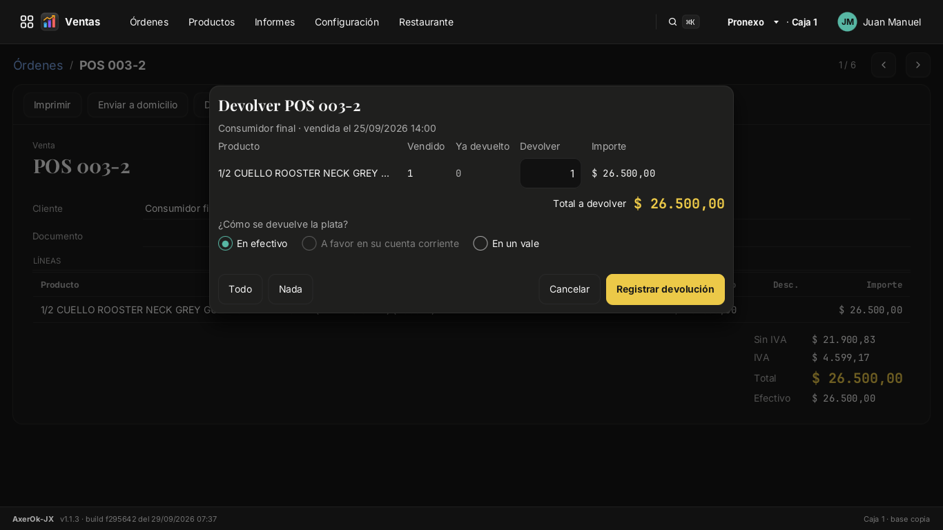 Pantalla de devolución de una venta