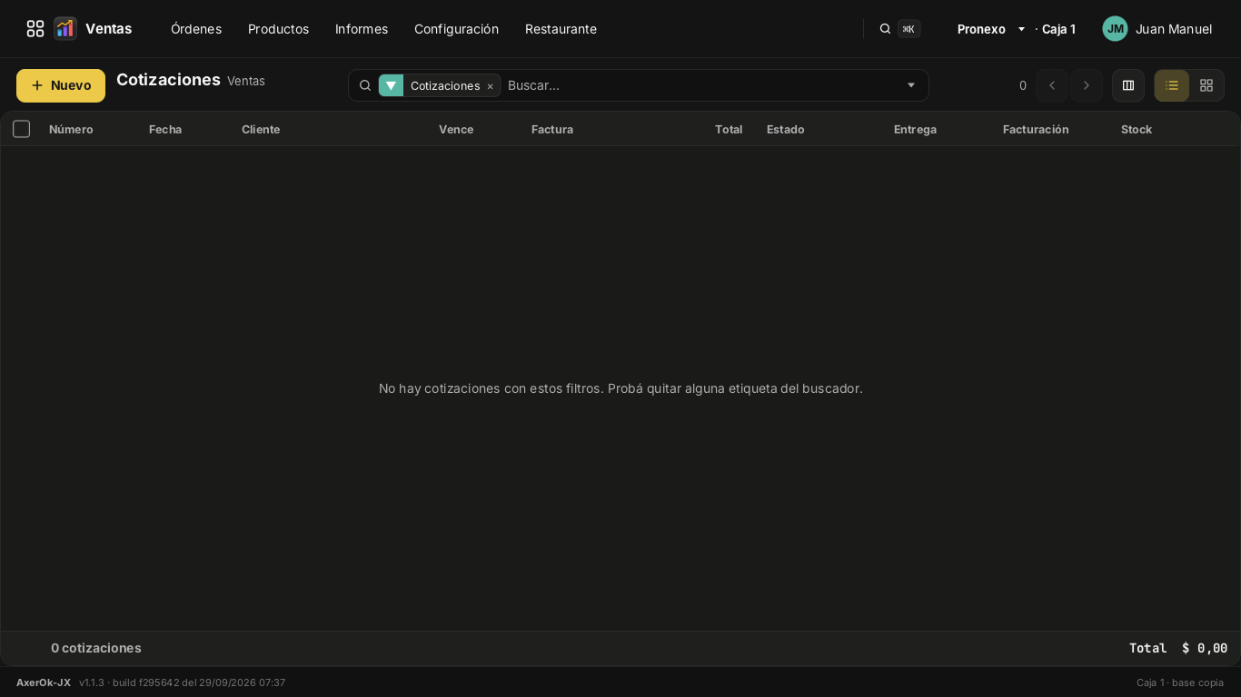 Lista de cotizaciones (vacía en la base de demostración)
